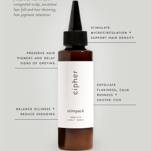 Cipher Skincare Complete Scalp Serum, Exfoliating Scalp Treatment key functions target: flaky, dry, red, itchy, or congested scalp, excessive hair fall and hair thinning, hair pigment retention