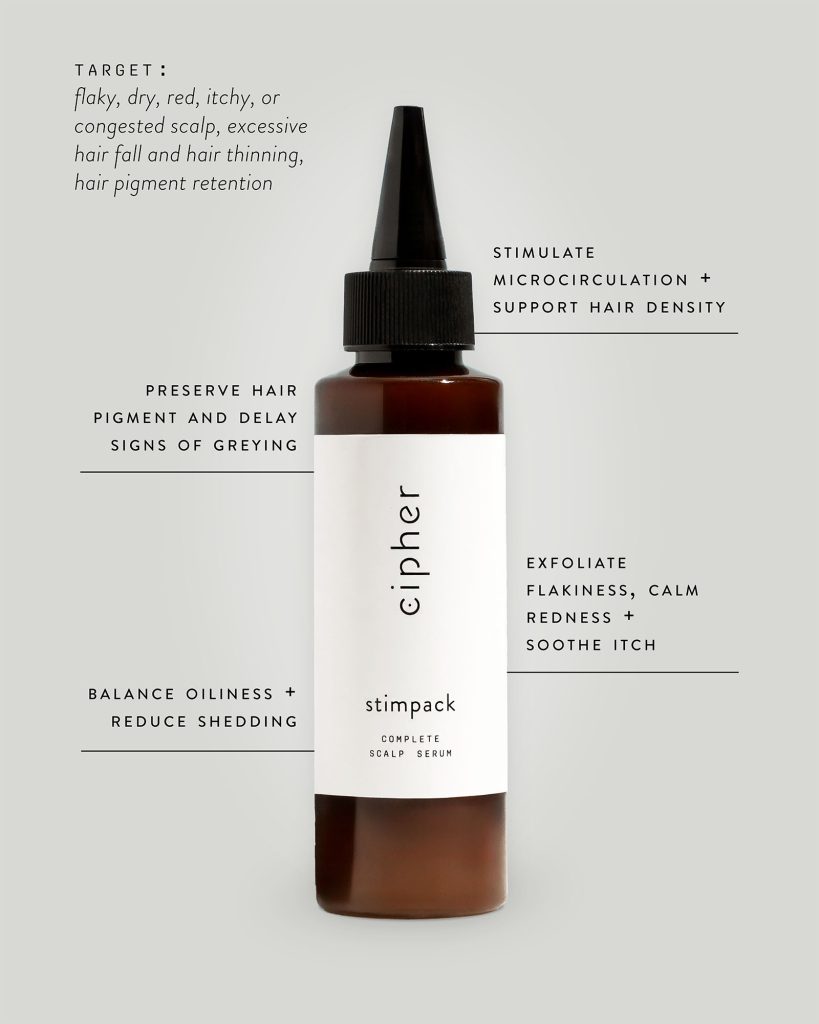 Cipher Skincare Complete Scalp Serum, Exfoliating Scalp Treatment key functions target: flaky, dry, red, itchy, or congested scalp, excessive hair fall and hair thinning, hair pigment retention